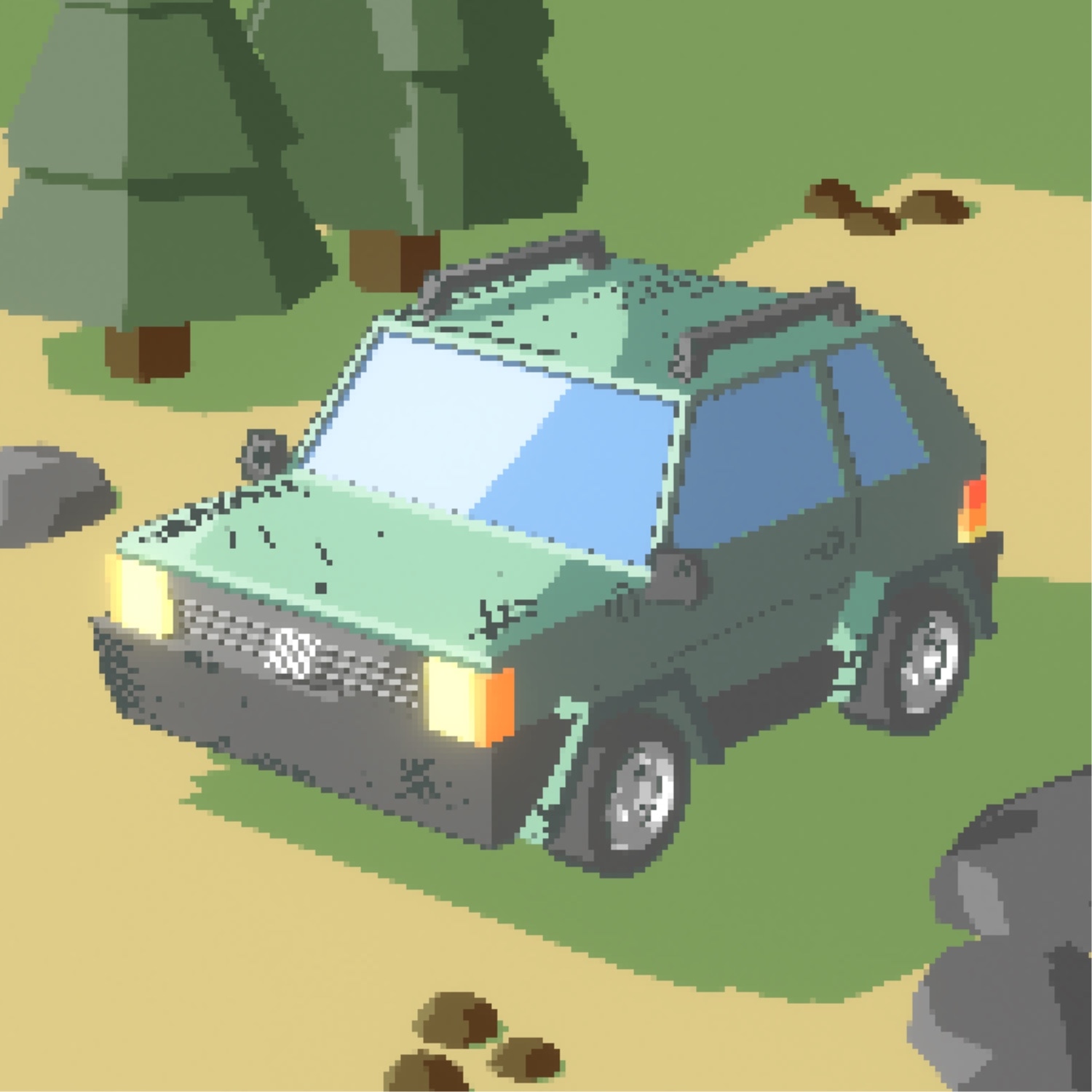 A stylized and beaten up Fiat panda, low poly and pixelated 3d graphics