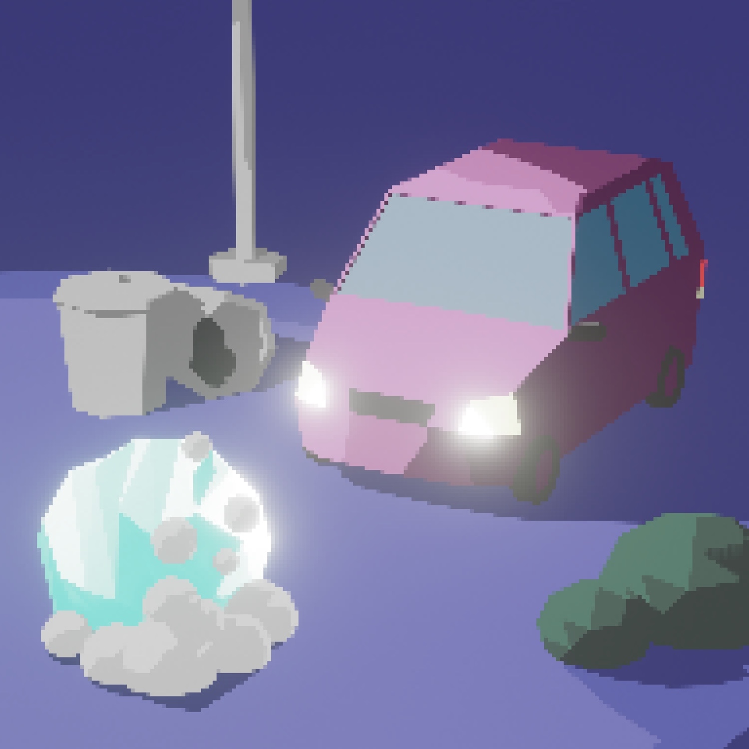 Una city car che incontra una roccia luminosa di notte, grafica 3d low poly e pixelata