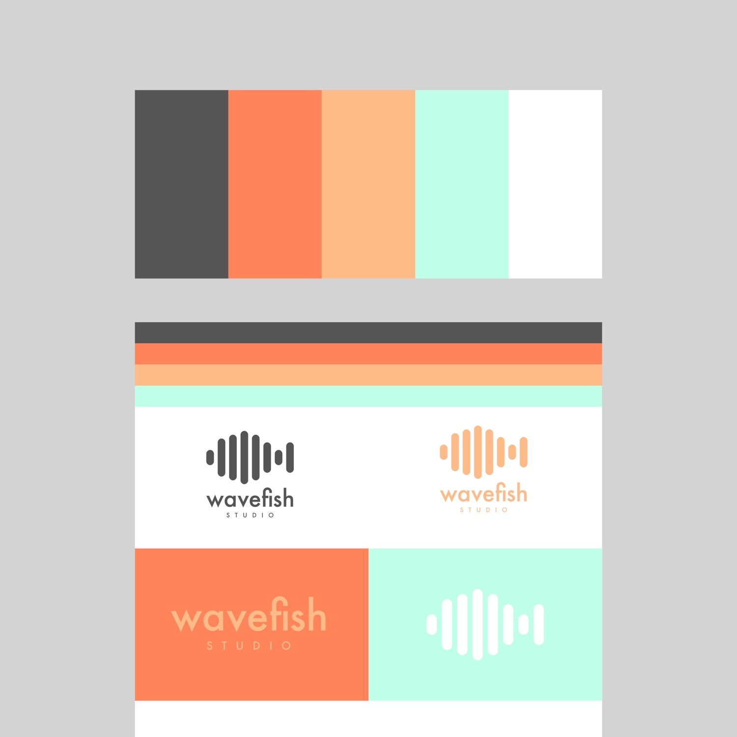 five color palette (dark gray, intense orange, light orange, mint green, offwhite) showcase, with the wavefish logo