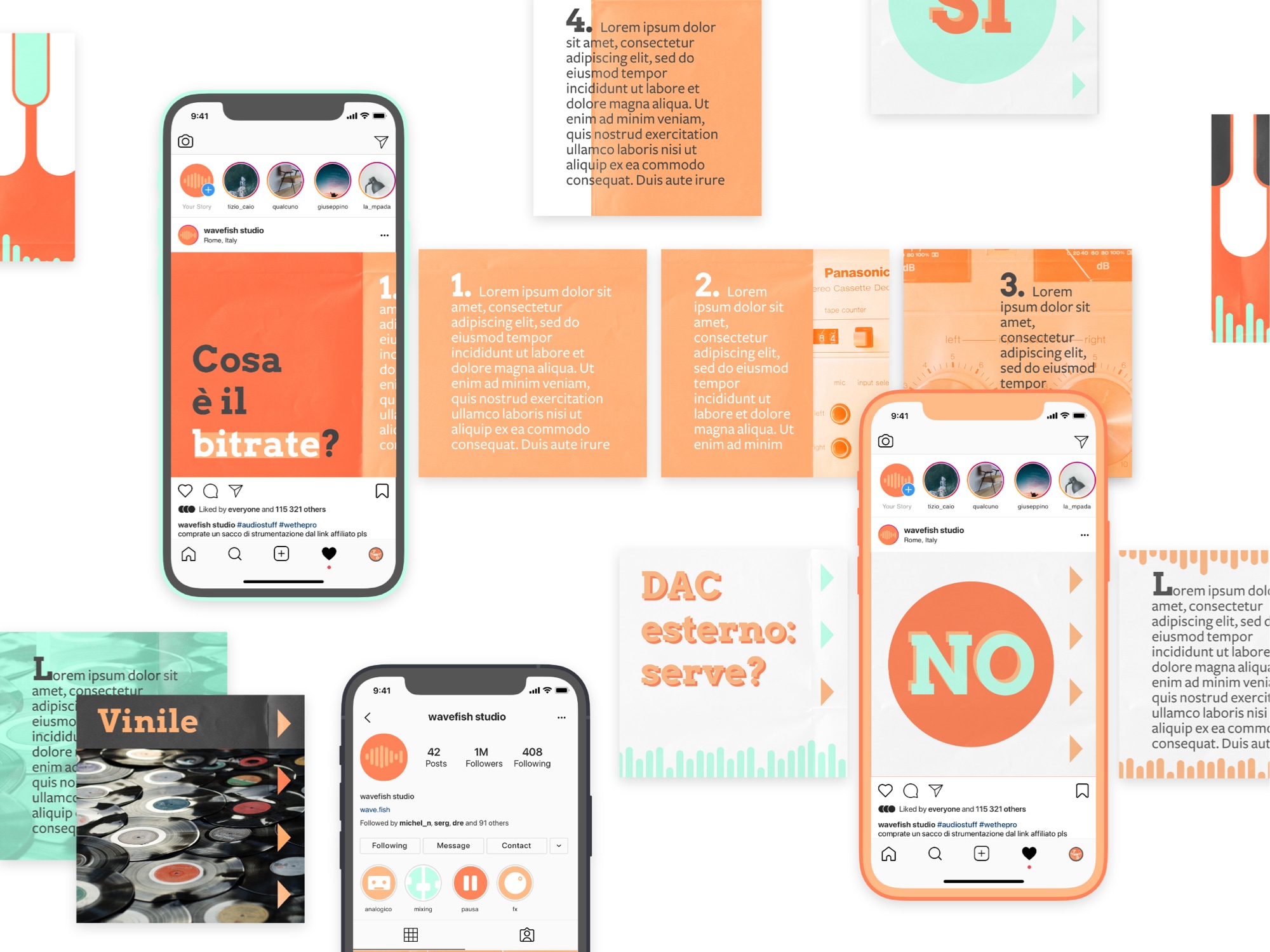 showcase della brand identity, con vari template per instagram, mockup e icone