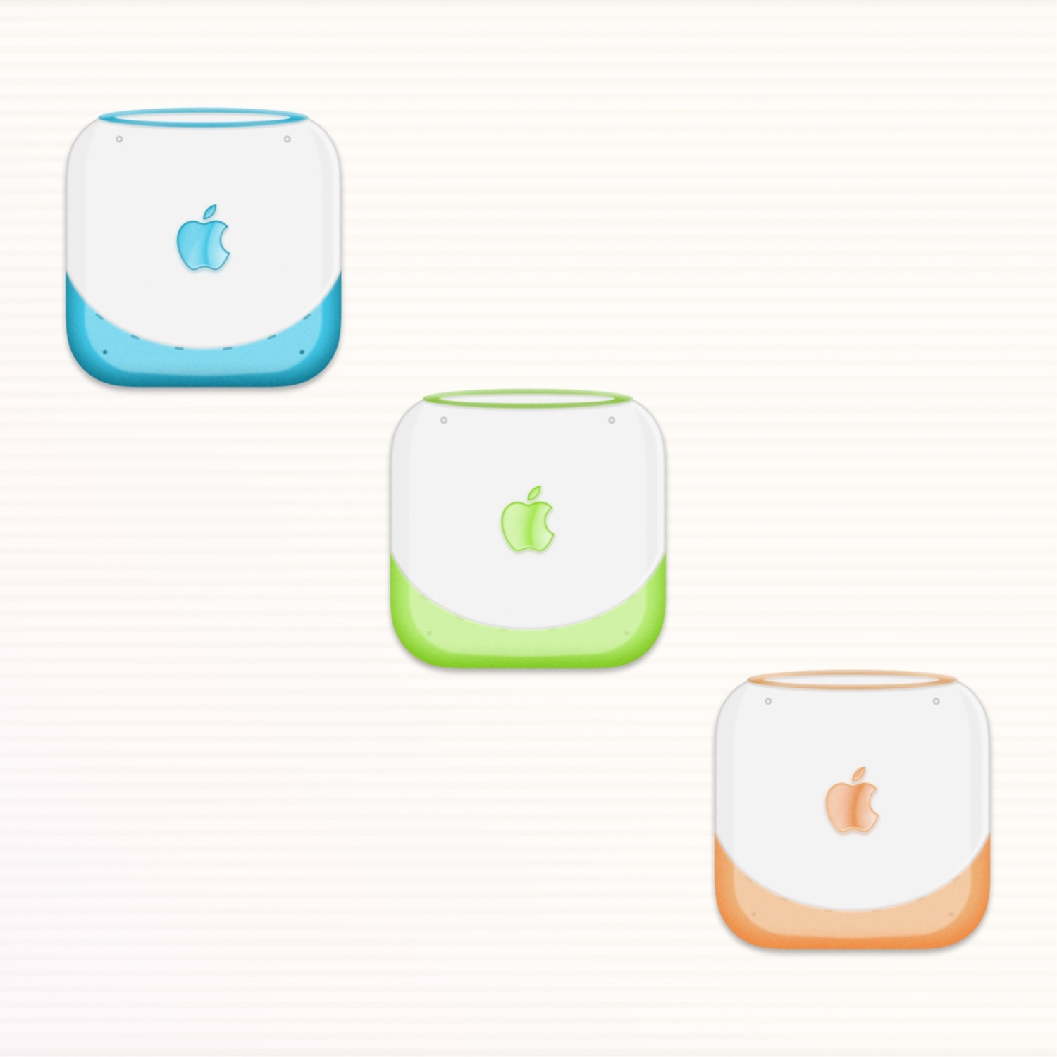 A set of icons looking like the first iBook, in blueberry, tangerine, and lime