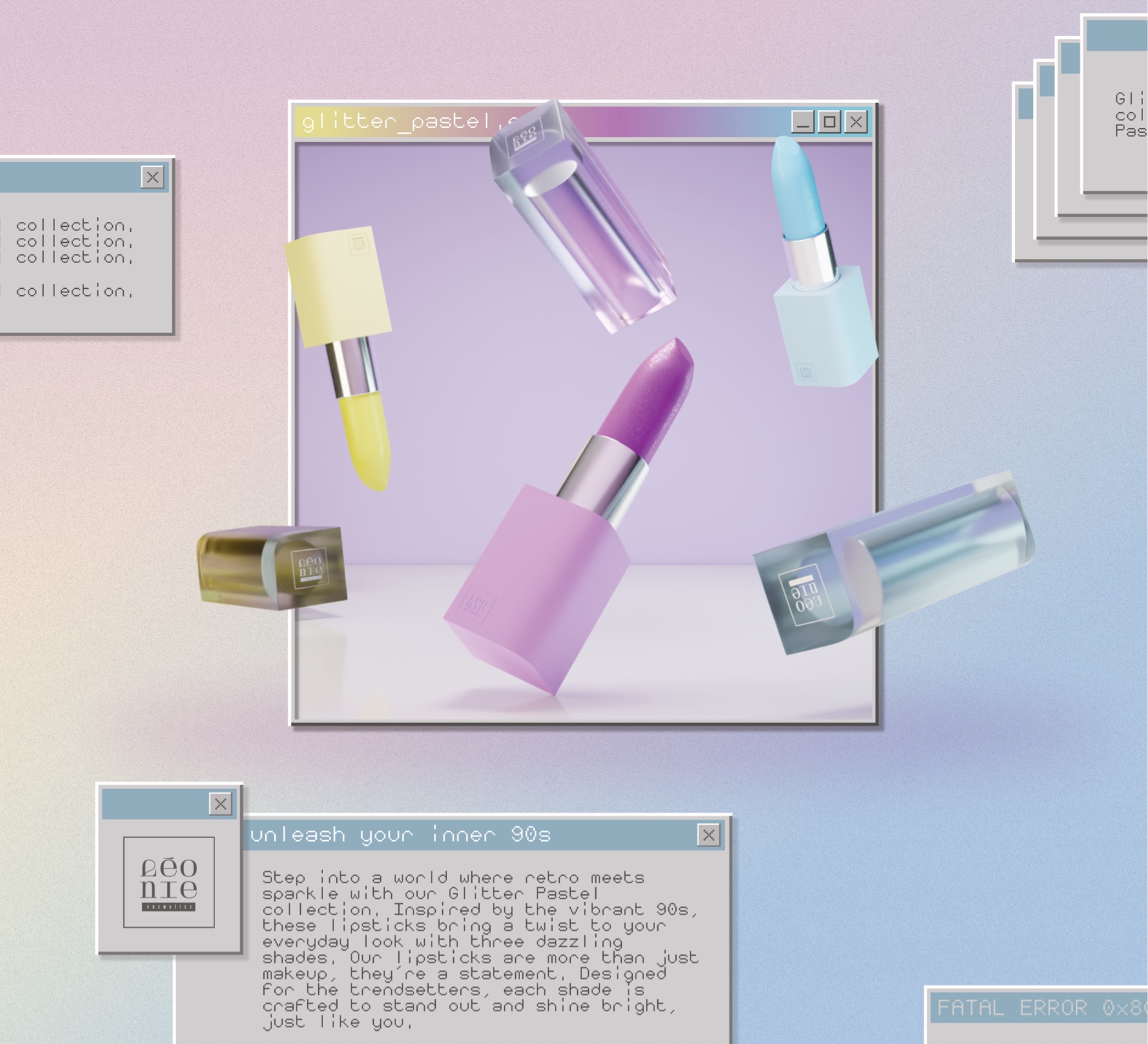 Lipsticks with a glittery pastel finish flying out of a windows 95 style window