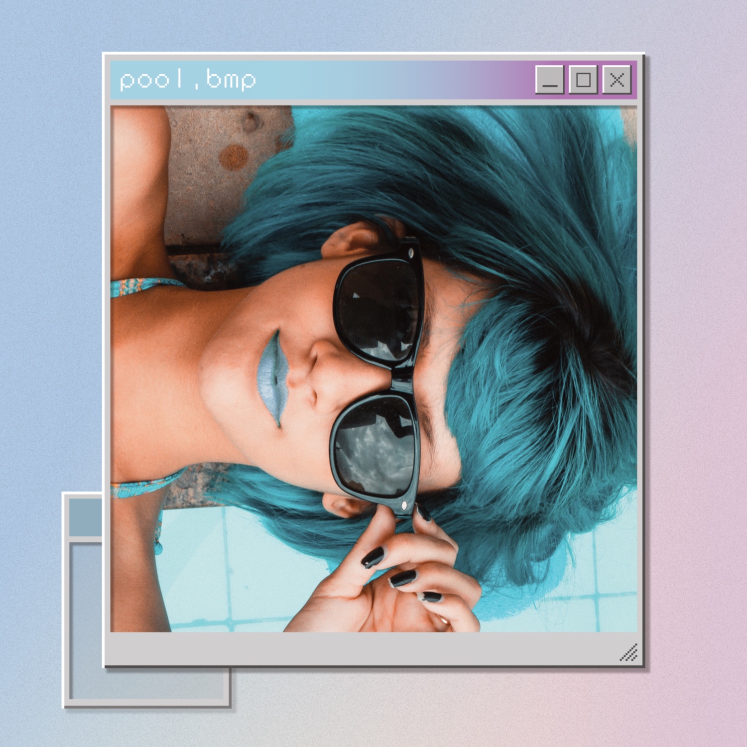 Portrait of a model with a glittery pastel blue lipstick and blue hair, on the poolside, inside a windows 95 style frame