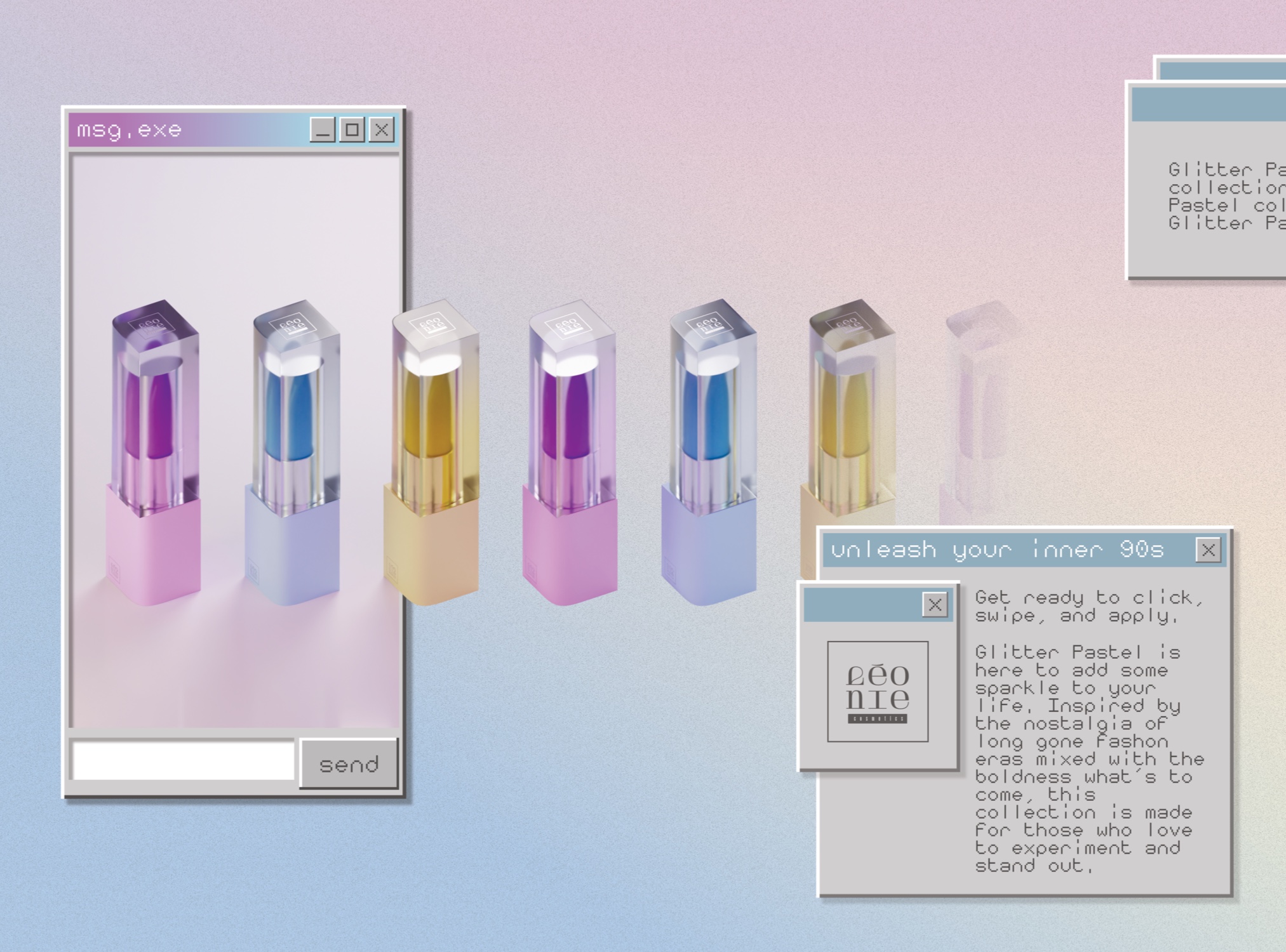 Una pubblicità in stile windows 95 per Leonie Cosmetics, con diversi rossetti che escono da una finestra